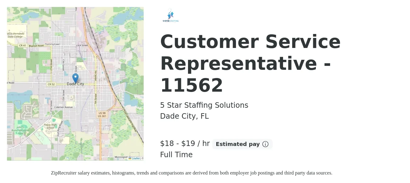 5 Star Staffing Solutions job posting for a Customer Service Representative - 11562 in Dade City, FL with a salary of $19 to $20 Hourly with a map of Dade City location.