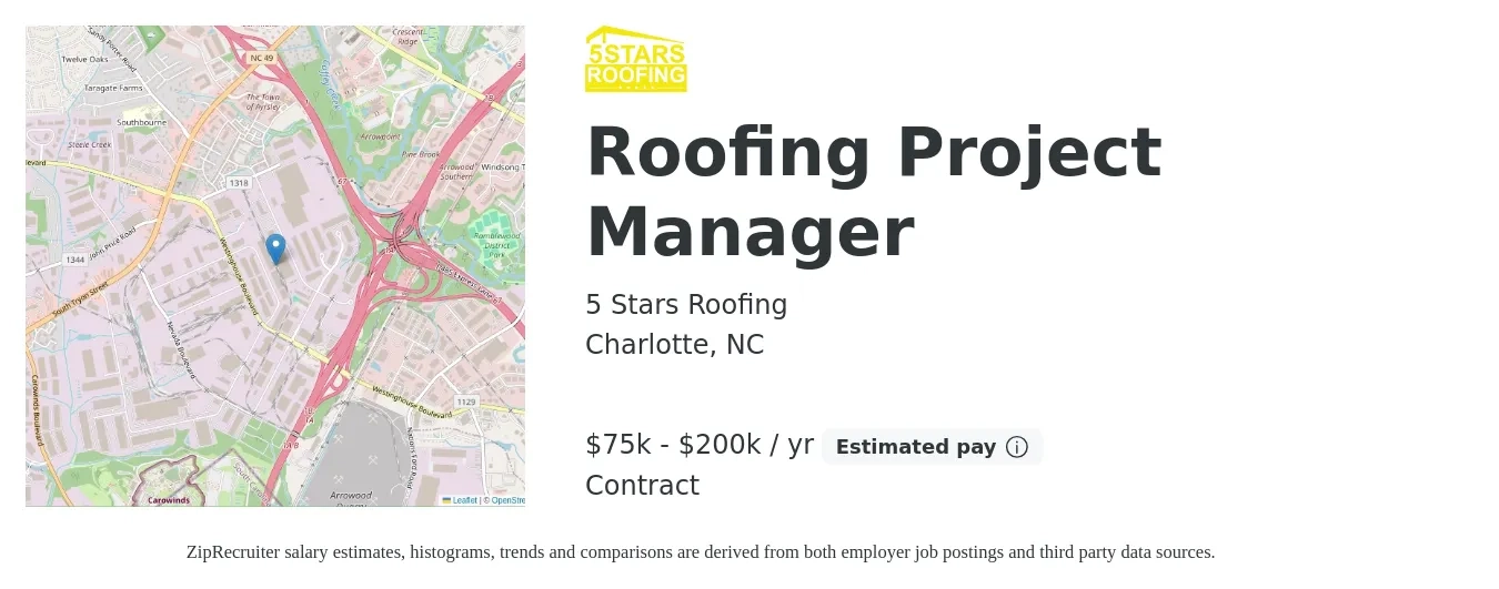 5 Stars Roofing job posting for a Roofing Project Manager in Charlotte, NC with a salary of $80,000 to $200,000 Yearly with a map of Charlotte location.