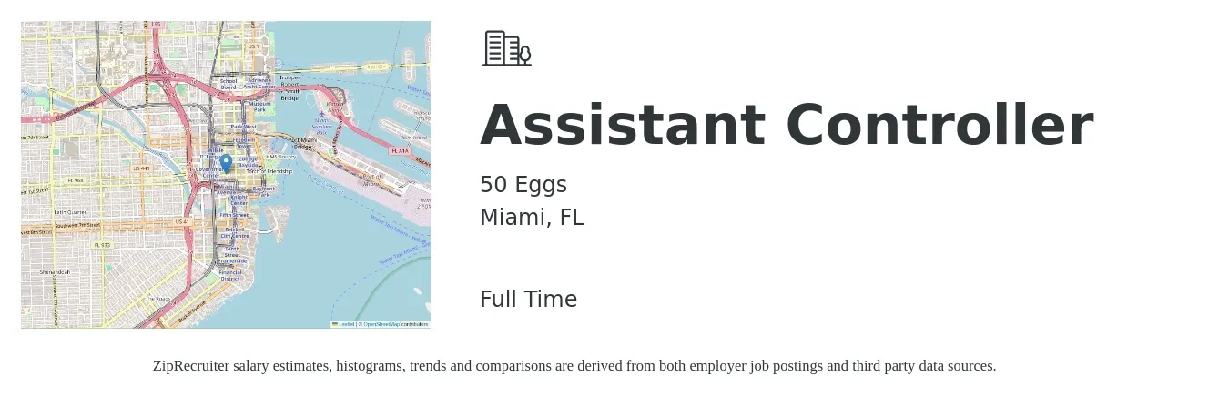 50 Eggs job posting for a Assistant Controller in Miami, FL with a salary of $79,900 to $113,800 Yearly with a map of Miami location.
