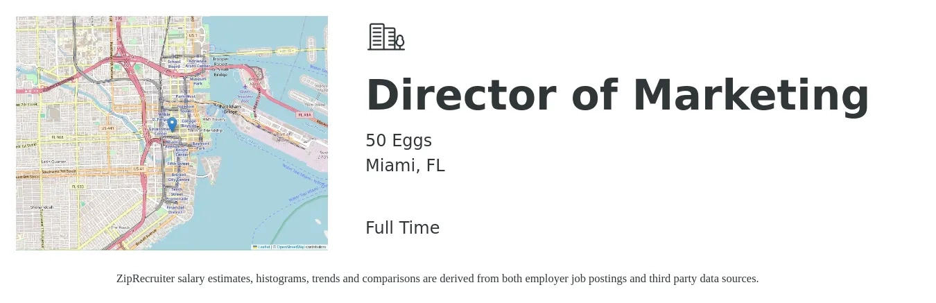 50 Eggs job posting for a Director of Marketing in Miami, FL with a salary of $68,400 to $125,800 Yearly with a map of Miami location.