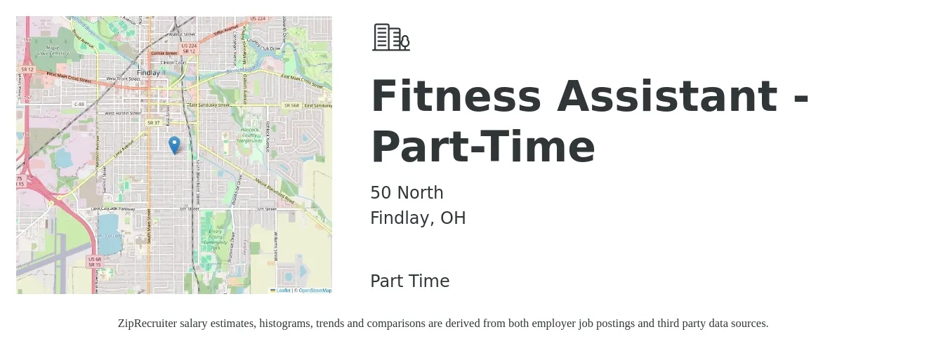 50 North job posting for a Fitness Assistant - Part-Time in Findlay, OH with a salary of $16 to $25 Hourly with a map of Findlay location.