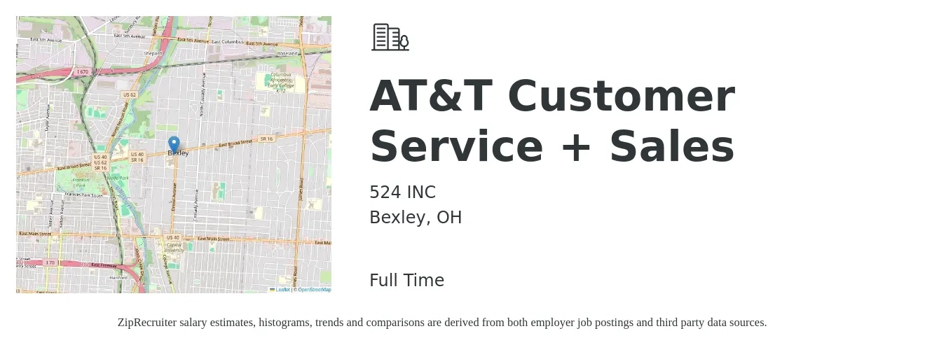 524 INC job posting for a AT&T Customer Service + Sales in Bexley, OH with a salary of $17 to $26 Hourly with a map of Bexley location.
