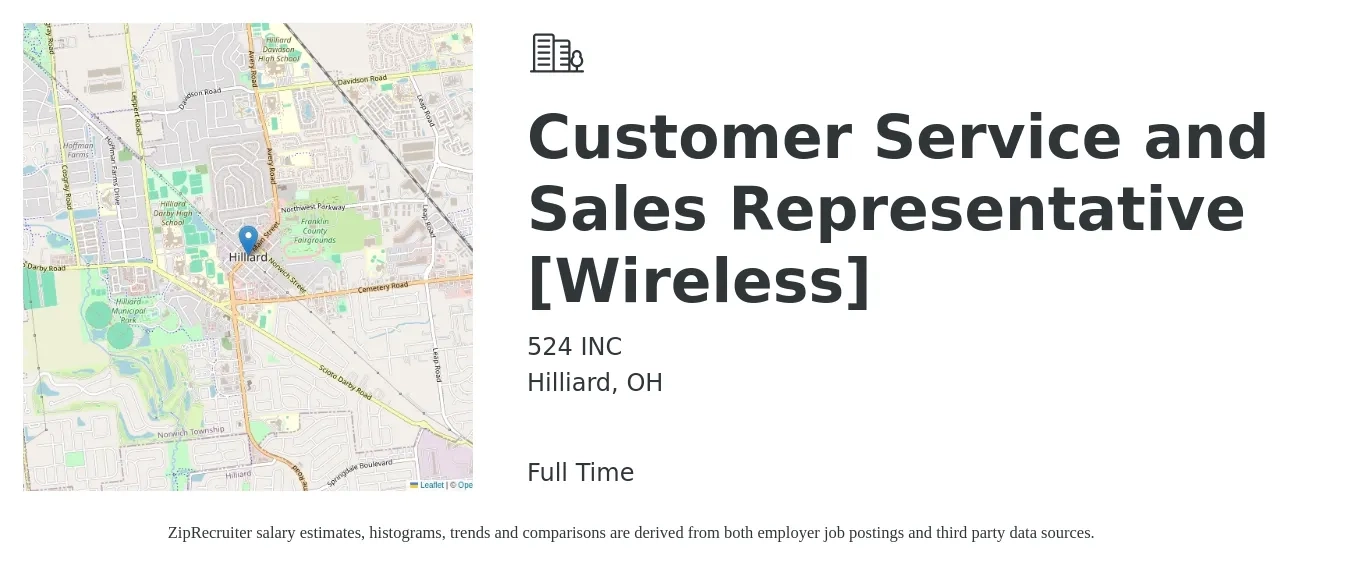 524 INC job posting for a Customer Service and Sales Representative [Wireless] in Hilliard, OH with a salary of $17 to $26 Hourly with a map of Hilliard location.