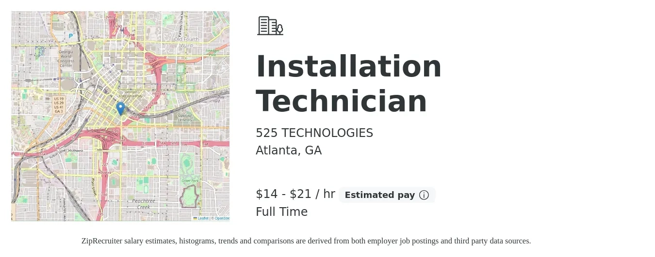 525 TECHNOLOGIES job posting for a Installation Technician in Atlanta, GA with a salary of $15 to $22 Hourly with a map of Atlanta location.