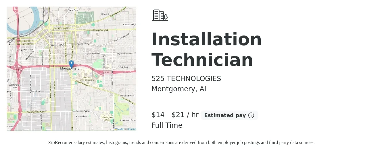 525 TECHNOLOGIES job posting for a Installation Technician in Montgomery, AL with a salary of $15 to $22 Hourly with a map of Montgomery location.