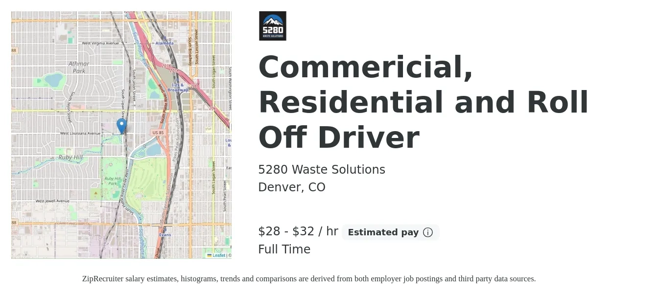 5280 Waste Solutions job posting for a Commericial, Residential And Roll Off Driver in Denver, CO with a salary of $30 to $34 Hourly with a map of Denver location.