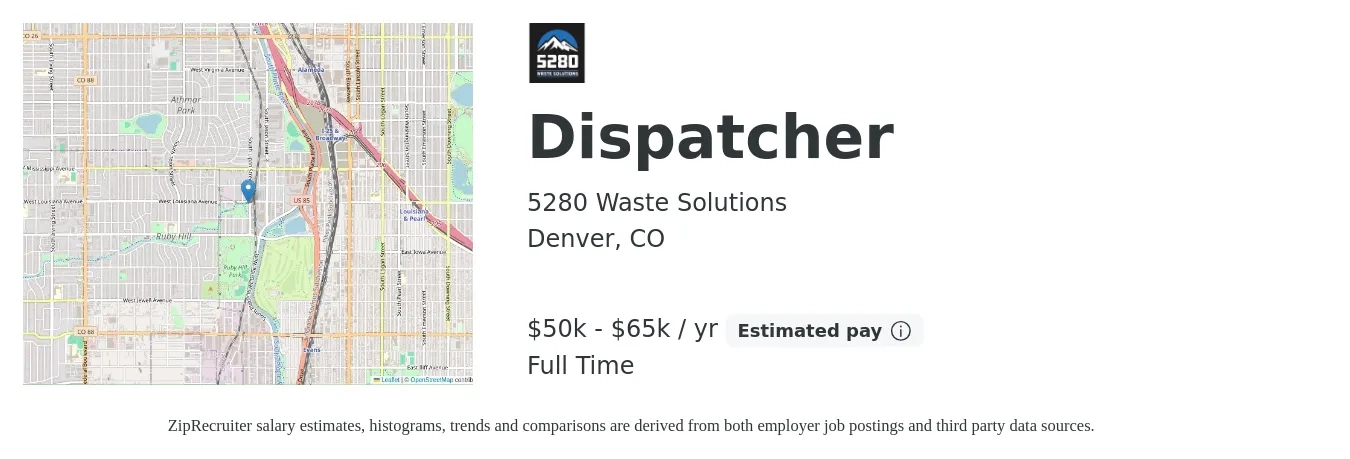 5280 Waste Solutions job posting for a Dispatcher in Denver, CO with a salary of $50,000 to $65,000 Yearly with a map of Denver location.