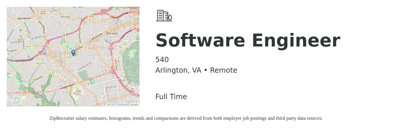 540 job posting for a Software Engineer in Arlington, VA with a salary of $138,100 to $199,000 Yearly with a map of Arlington location.