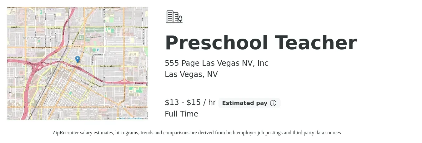 555 Page Las Vegas NV, Inc job posting for a Preschool Teacher in Las Vegas, NV with a salary of $14 to $16 Hourly with a map of Las Vegas location.