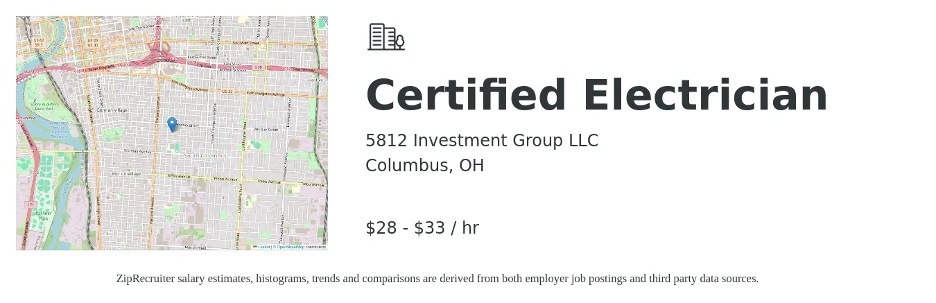 5812 Investment Group job posting for a Certified Electrician in Columbus, OH with a salary of $30 to $35 Hourly with a map of Columbus location.