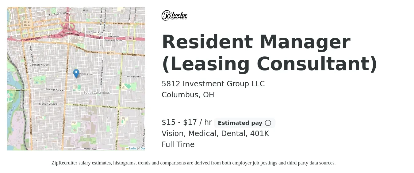 5812 Investment Group LLC job posting for a Resident Manager (Leasing Consultant) in Columbus, OH with a salary of $16 to $18 Hourly (plus commission) and benefits including medical, vision, 401k, dental, and life_insurance with a map of Columbus location.