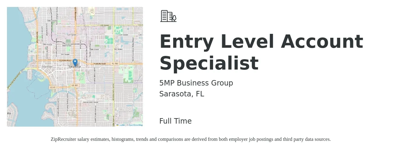 5MP Business Group job posting for a Entry Level Account Specialist in Sarasota, FL with a salary of $50,100 to $83,800 Yearly with a map of Sarasota location.