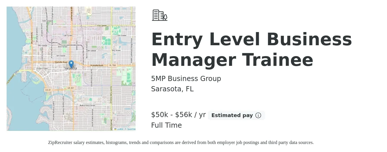 5MP Business Group job posting for a Entry Level Business Manager Trainee in Sarasota, FL with a salary of $16 to $24 Hourly with a map of Sarasota location.