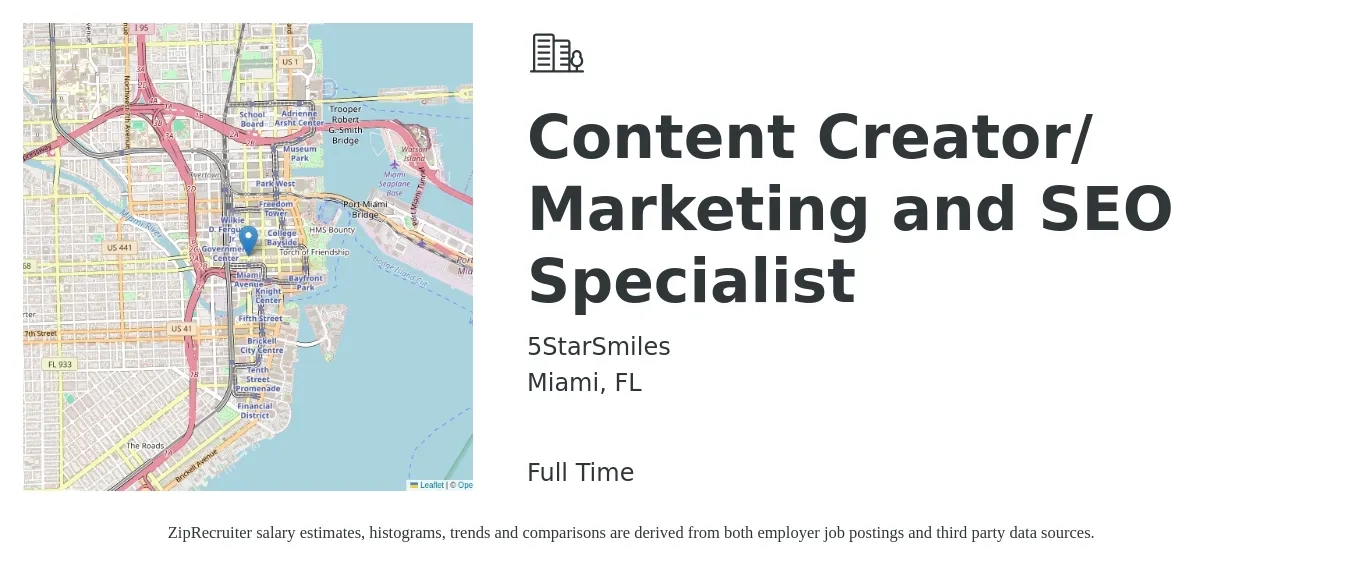 5StarSmiles job posting for a Content Creator/ Marketing and SEO Specialist in Miami, FL with a salary of $43,000 to $66,000 Yearly with a map of Miami location.