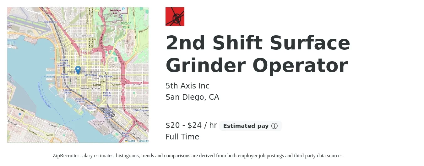 5th Axis Inc job posting for a 2nd Shift Surface Grinder Operator in San Diego, CA with a salary of $21 to $25 Hourly with a map of San Diego location.