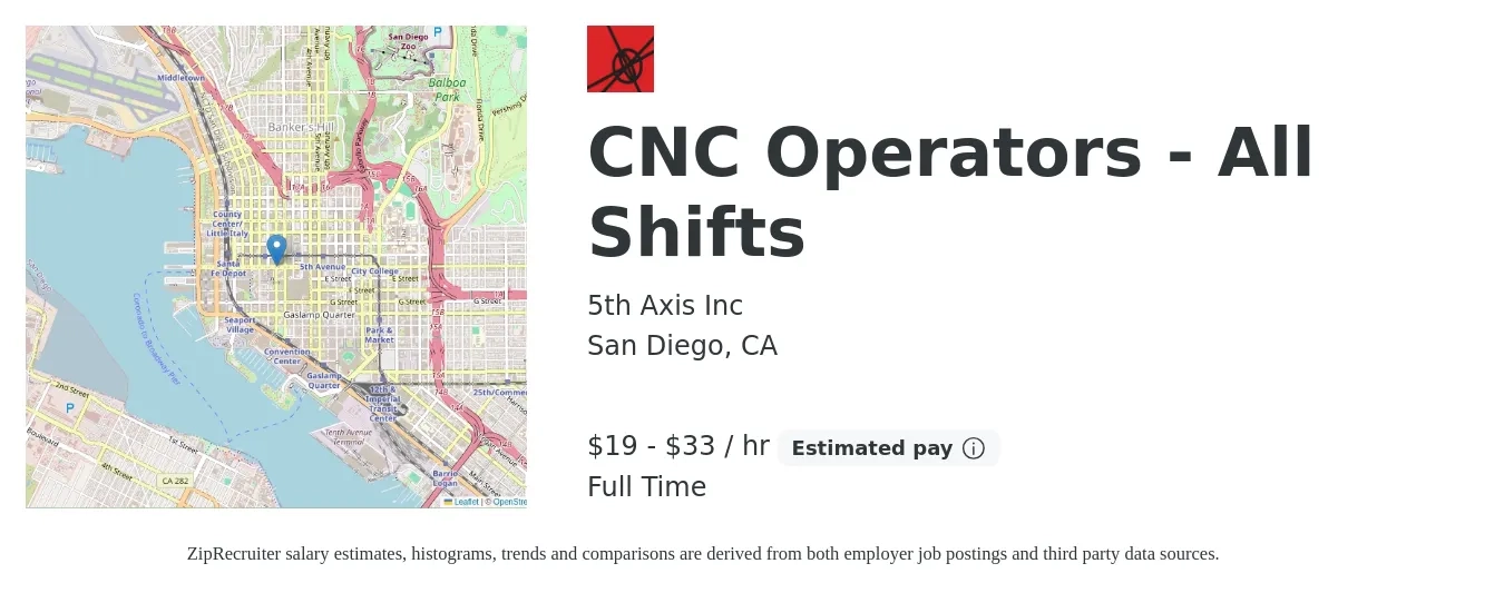 5th Axis Inc job posting for a CNC Operators - All Shifts in San Diego, CA with a salary of $20 to $35 Hourly with a map of San Diego location.