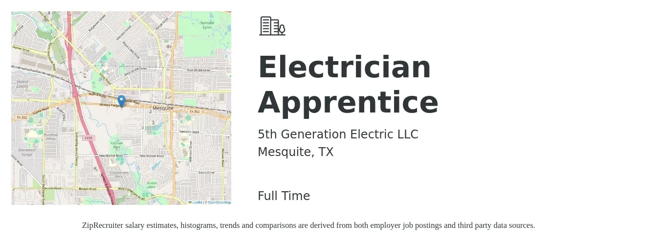 5th Generation Electric LLC job posting for a Electrician Apprentice in Mesquite, TX with a salary of $480 to $720 Weekly with a map of Mesquite location.