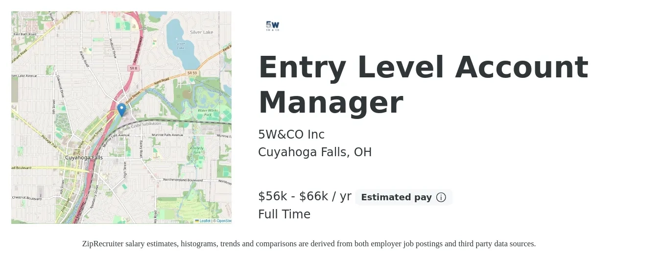 5W&CO Inc job posting for a Entry Level Account Manager in Cuyahoga Falls, OH with a salary of $56,000 to $66,000 Yearly with a map of Cuyahoga Falls location.