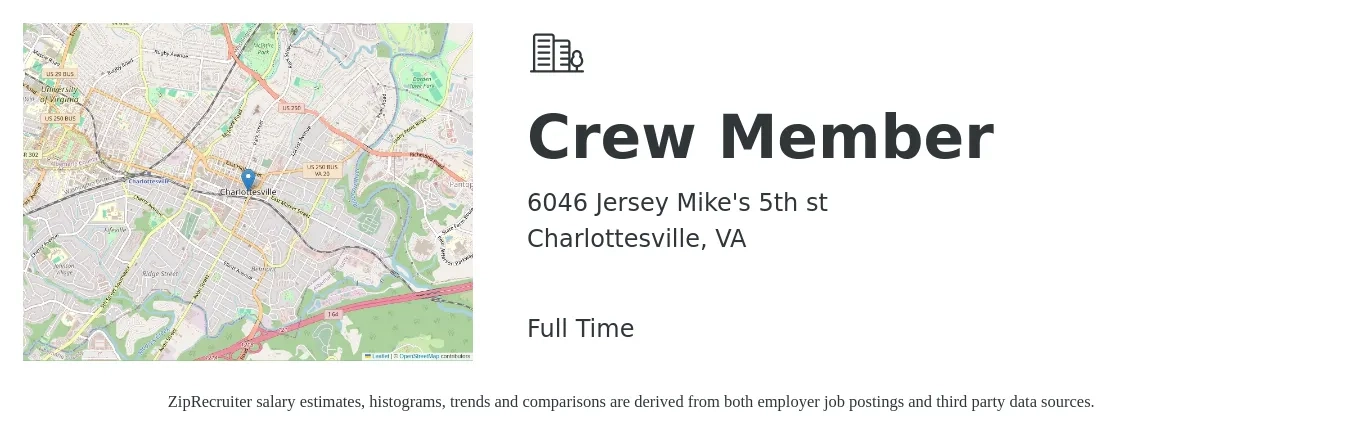 6046 Jersey Mike's 5th st job posting for a Crew Member in Charlottesville, VA with a salary of $12 to $16 Hourly with a map of Charlottesville location.