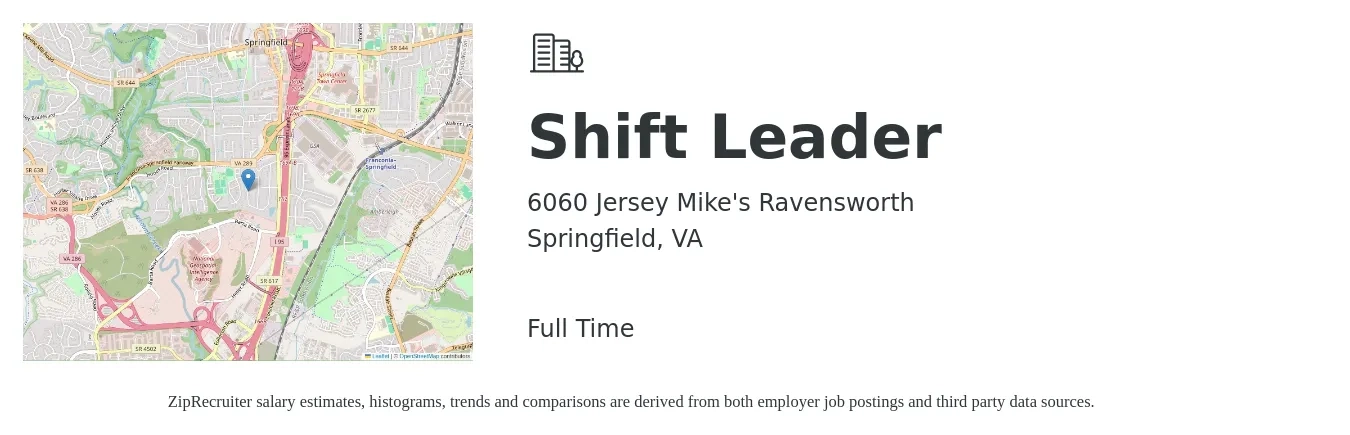 6060 Jersey Mike's Ravensworth job posting for a Shift Leader in Springfield, VA with a salary of $14 to $18 Hourly with a map of Springfield location.