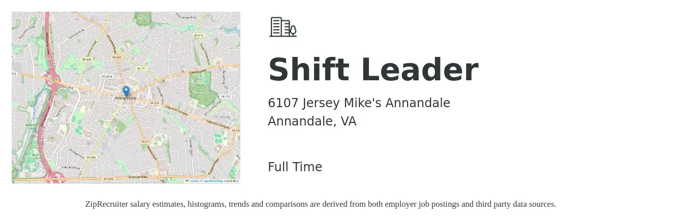 6107 Jersey Mike's Annandale job posting for a Shift Leader in Annandale, VA with a salary of $14 to $17 Hourly with a map of Annandale location.