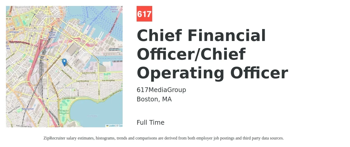 617MediaGroup job posting for a Chief Financial Officer/Chief Operating Officer in Boston, MA with a salary of $121,100 to $201,000 Yearly with a map of Boston location.