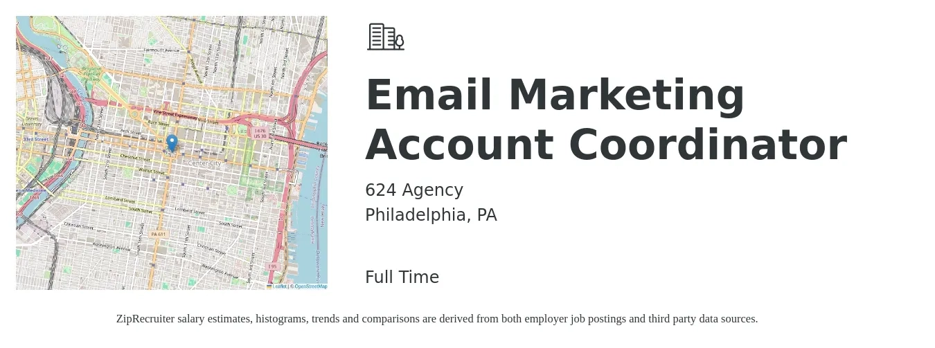 624 Agency job posting for a Email Marketing Account Coordinator in Philadelphia, PA with a salary of $20 to $26 Hourly with a map of Philadelphia location.