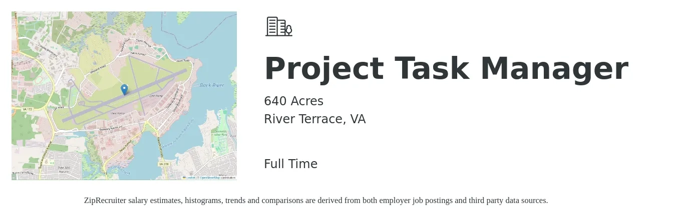 640 Acres job posting for a Project Task Manager in River Terrace, VA with a salary of $76,100 to $119,300 Yearly with a map of River Terrace location.