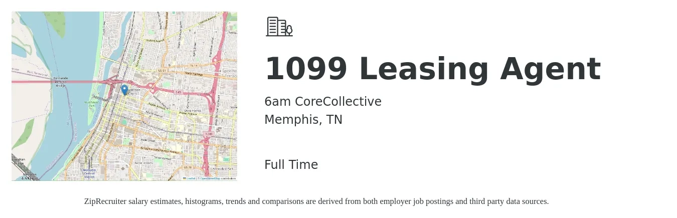 6am CoreCollective job posting for a 1099 Leasing Agent in Memphis, TN with a salary of $15 to $18 Hourly with a map of Memphis location.