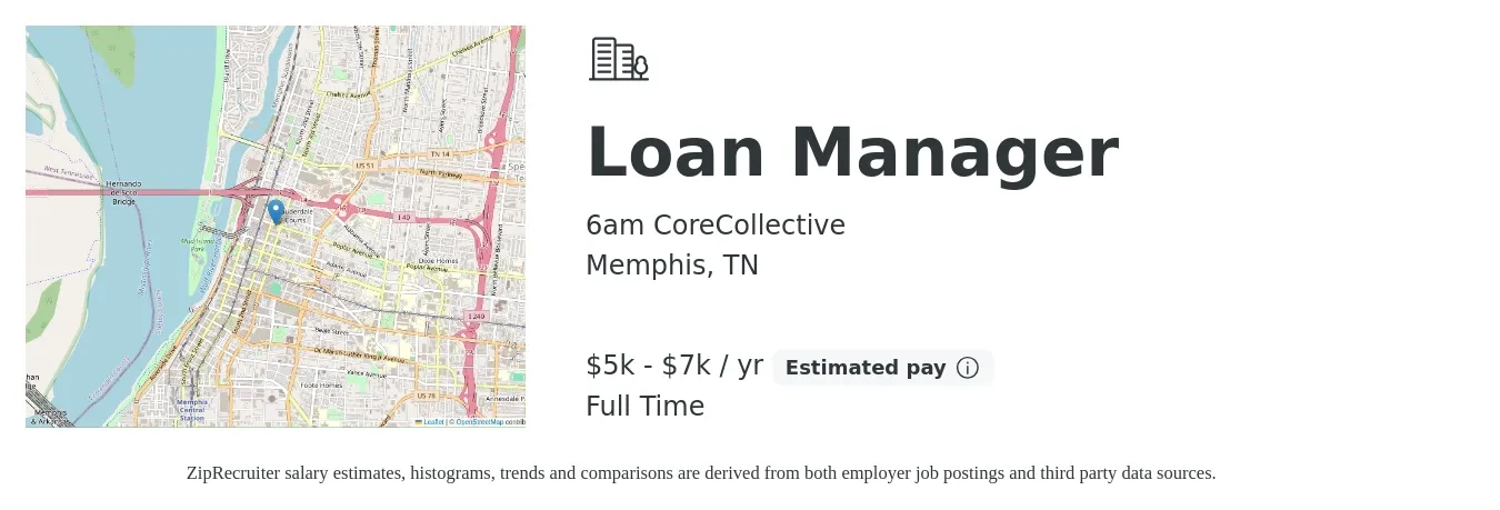 6am CoreCollective job posting for a Loan Manager in Memphis, TN with a salary of $5,000 to $7,000 Yearly with a map of Memphis location.