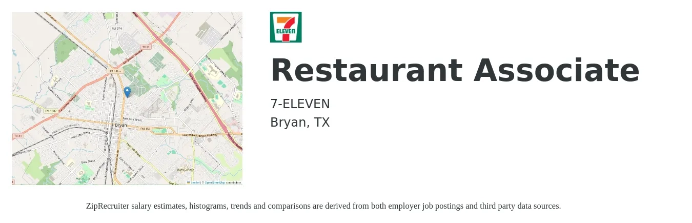 7-ELEVEN job posting for a Restaurant Associate in Bryan, TX with a salary of $12 to $15 Hourly with a map of Bryan location.