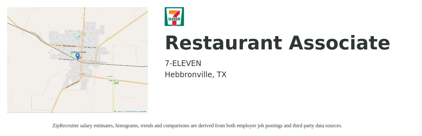 7-ELEVEN job posting for a Restaurant Associate in Hebbronville, TX with a salary of $11 to $14 Hourly with a map of Hebbronville location.