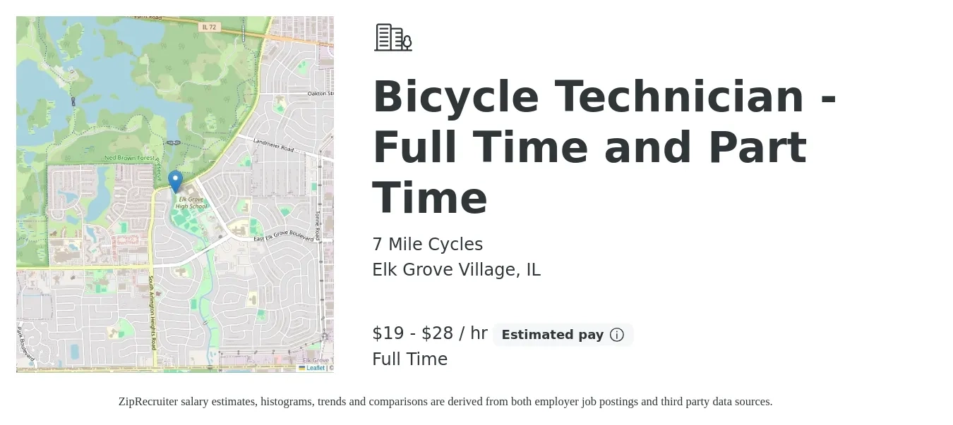 7 Mile Cycles job posting for a Bicycle Technician - Full Time and Part Time in Elk Grove Village, IL with a salary of $20 to $30 Hourly with a map of Elk Grove Village location.