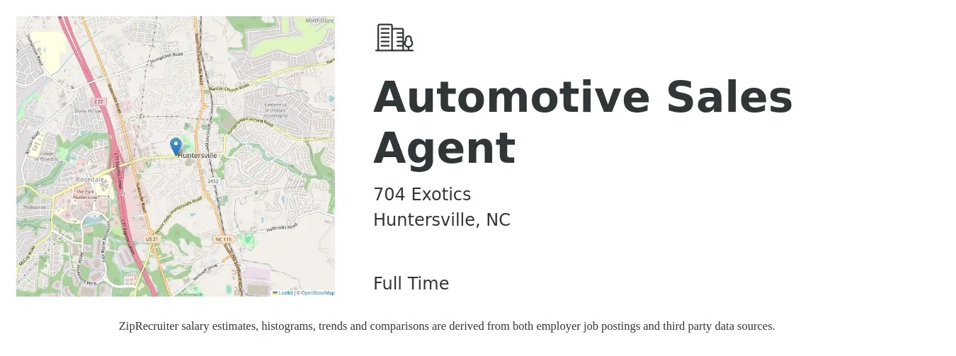 704 Exotics job posting for a Automotive Sales Agent in Huntersville, NC with a salary of $15 to $24 Hourly with a map of Huntersville location.