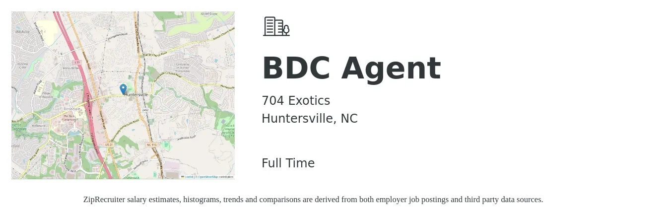 704 Exotics job posting for a BDC Agent in Huntersville, NC with a salary of $42,300 to $65,800 Yearly with a map of Huntersville location.