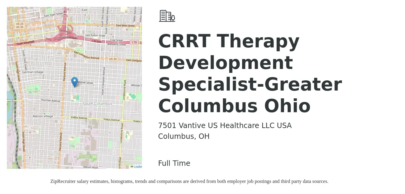 7501 Vantive US Healthcare LLC USA job posting for a CRRT Therapy Development Specialist-Greater Columbus Ohio in Columbus, OH with a salary of $50,700 to $76,300 Yearly with a map of Columbus location.