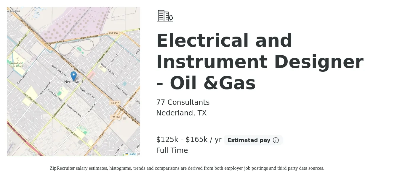 77 Consultants job posting for a Electrical and Instrument Designer - Oil &Gas in Nederland, TX with a salary of $125,000 to $165,000 Yearly with a map of Nederland location.