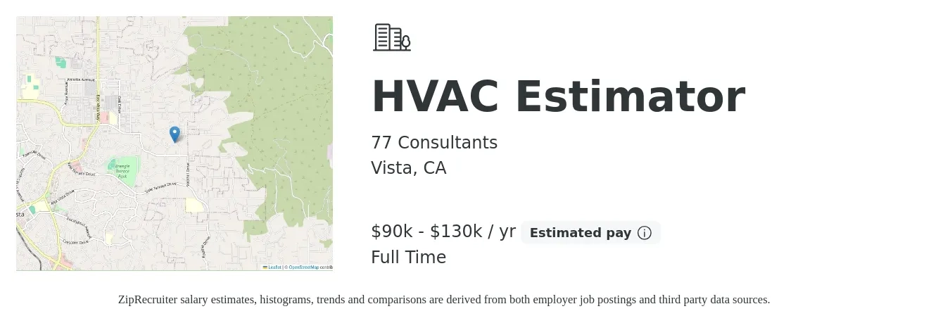 77 Consultants job posting for a HVAC Estimator in Vista, CA with a salary of $90,000 to $130,000 Yearly with a map of Vista location.