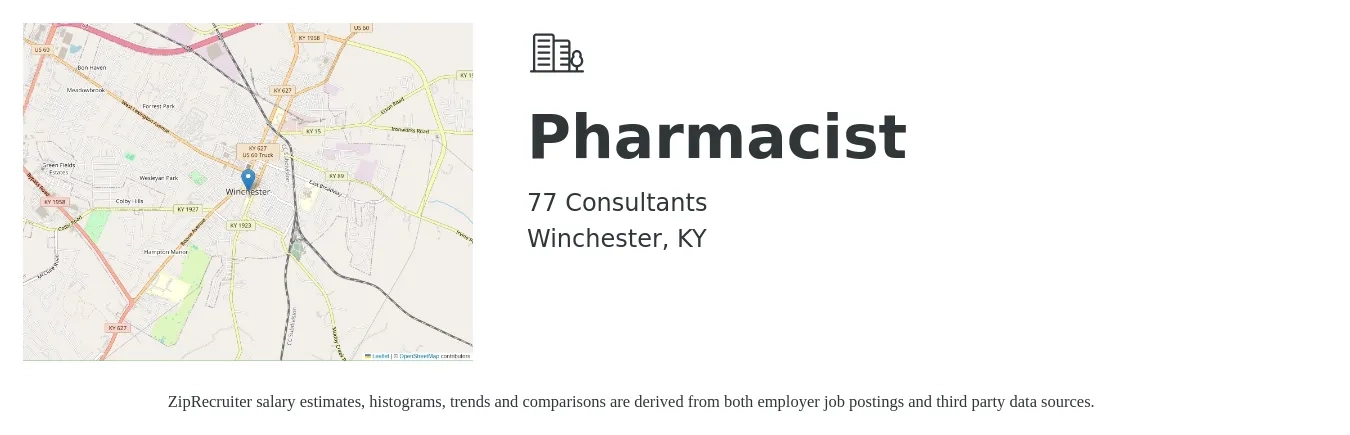 77 Consultants job posting for a Pharmacist in Winchester, KY with a salary of $102,000 to $153,000 Yearly with a map of Winchester location.