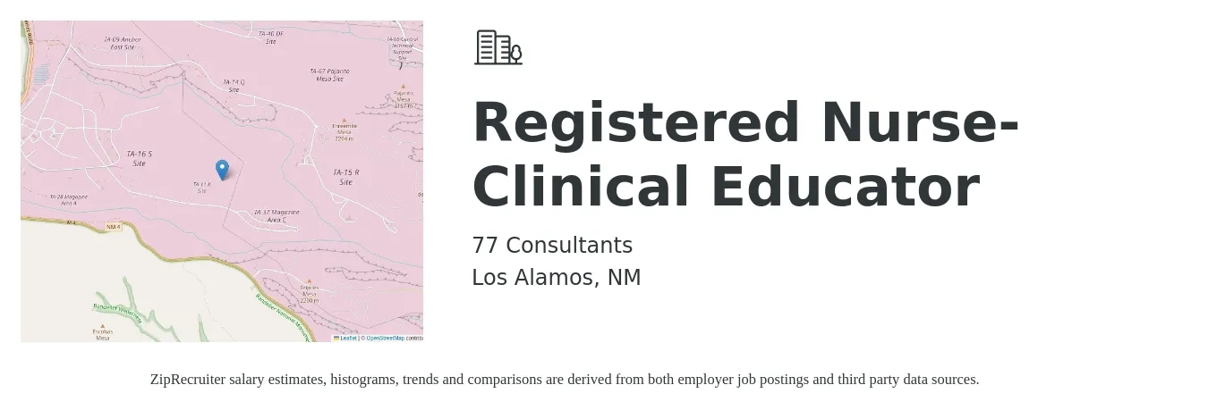77 Consultants job posting for a Registered Nurse- Clinical Educator in Los Alamos, NM with a salary of $79,000 to $107,000 Yearly with a map of Los Alamos location.