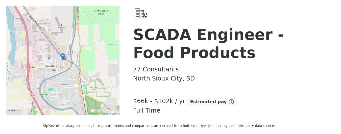 77 Consultants job posting for a SCADA Engineer - Food Products in North Sioux City, SD with a salary of $66,000 to $102,000 Yearly with a map of North Sioux City location.