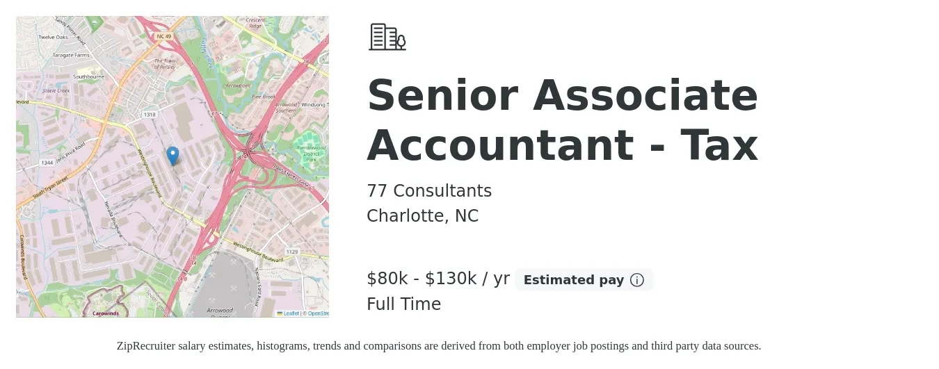 77 Consultants job posting for a Senior Associate Accountant - Tax in Charlotte, NC with a salary of $80,000 to $130,000 Yearly with a map of Charlotte location.