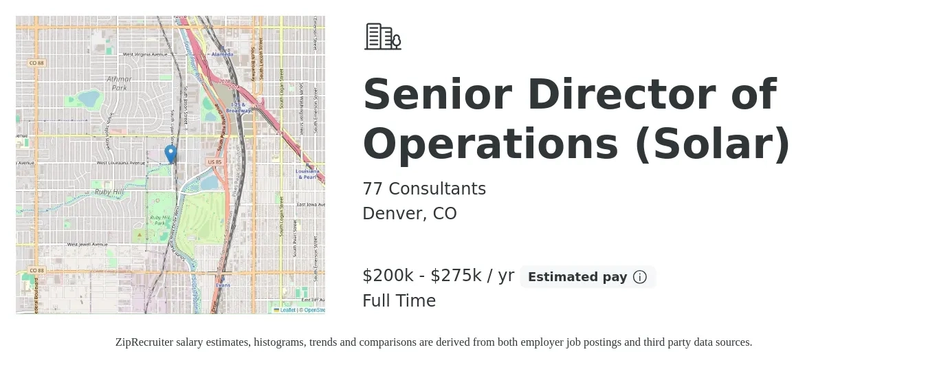 77 Consultants job posting for a Senior Director of Operations (Solar) in Denver, CO with a salary of $200,000 to $275,000 Yearly with a map of Denver location.