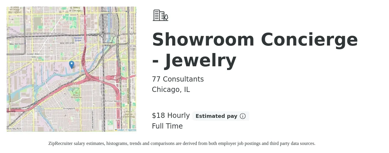77 Consultants job posting for a Showroom Concierge - Jewelry in Chicago, IL with a salary of $19 Hourly with a map of Chicago location.
