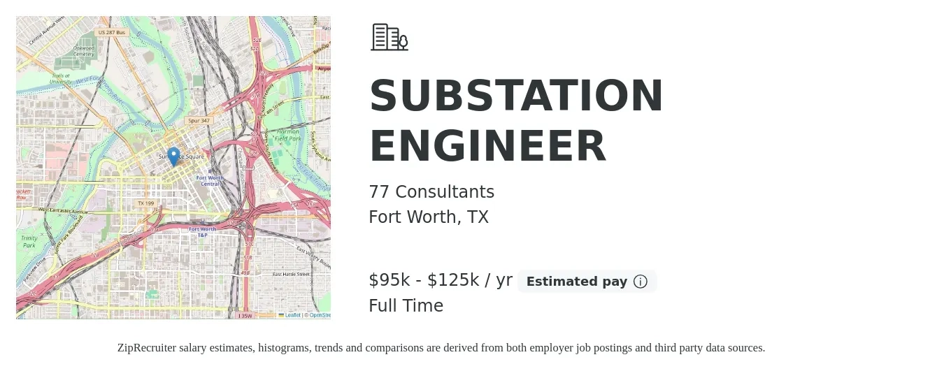 77 Consultants job posting for a SUBSTATION ENGINEER in Fort Worth, TX with a salary of $95,000 to $125,000 Yearly with a map of Fort Worth location.