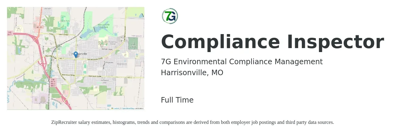 7G Environmental Compliance Management job posting for a Compliance Inspector in Harrisonville, MO with a salary of $17 to $29 Hourly with a map of Harrisonville location.