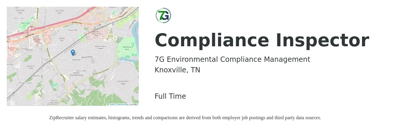 7G Environmental Compliance Management job posting for a Compliance Inspector in Knoxville, TN with a salary of $18 to $31 Hourly with a map of Knoxville location.