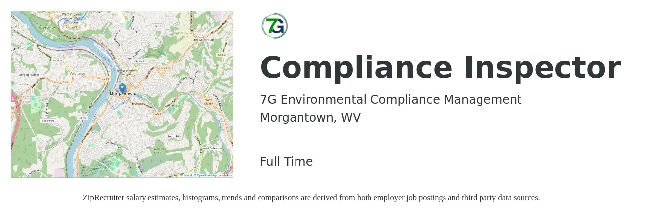 7G Environmental Compliance Management job posting for a Compliance Inspector in Morgantown, WV with a salary of $20 to $34 Hourly with a map of Morgantown location.