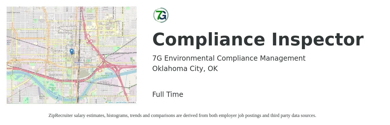 7G Environmental Compliance Management job posting for a Compliance Inspector in Oklahoma City, OK with a salary of $18 to $30 Hourly with a map of Oklahoma City location.