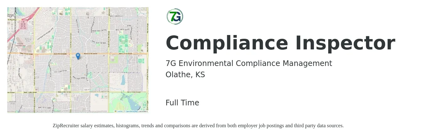 7G Environmental Compliance Management job posting for a Compliance Inspector in Olathe, KS with a salary of $18 to $31 Hourly with a map of Olathe location.